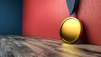 Obraz premium Gold medal on wooden floor against red and blue wall.