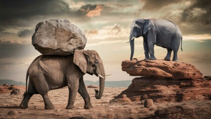Fototapeta premium Two elephants set against a surreal landscape, one carrying a massive boulder and the other standing on top of a cliff.