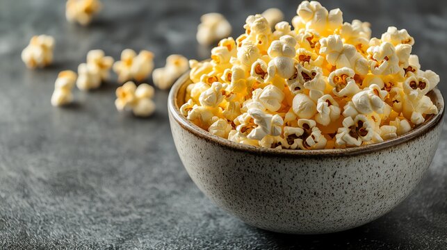A bowl of popcorn on a gray background.