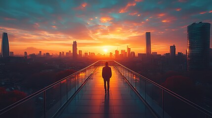 Fototapeta premium Silhouette of a person standing on a rooftop overlooking a vibrant city sunrise.