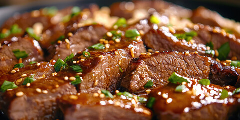 Delicious slow cooked teriyaki beef garnished with green onions and sesame seeds