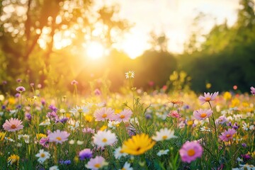 Obraz premium Colorful wildflower field during sunset in a serene nature landscape