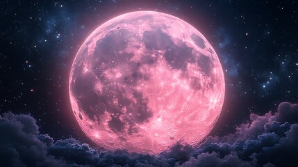Obraz premium Ethereal pink moon illuminating scattered clouds in a moody night scene wallpaper image