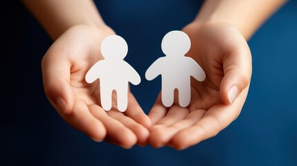 Hands Holding Paper Cutouts of Two People with Blue Background
