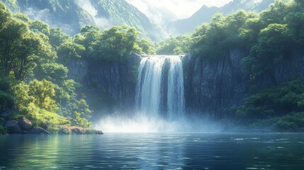 Fototapeta premium Serene waterfall cascading into tranquil lake.