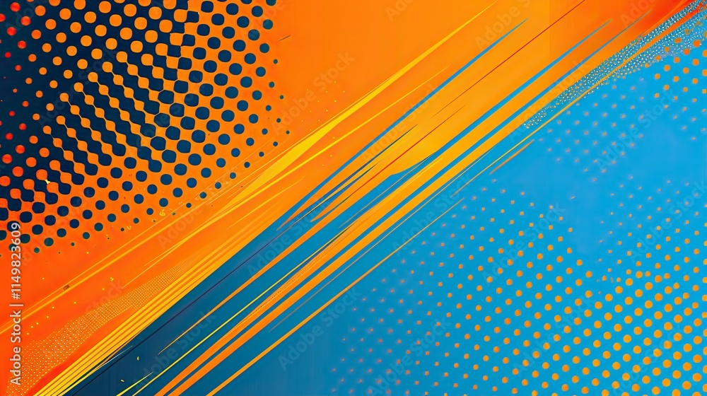 Poster vibrant abstract design with orange and blue hues, featuring dotted patterns and dynamic lines.