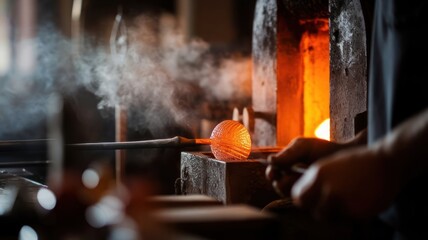 Glassblowing artisan crafting a molten glass sphere