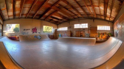 Indoor skating park interior, wide angle
