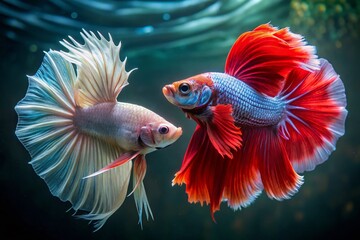 Fototapeta premium Two Siamese Fighting Fish Face Off: Red and White Betta Splendor