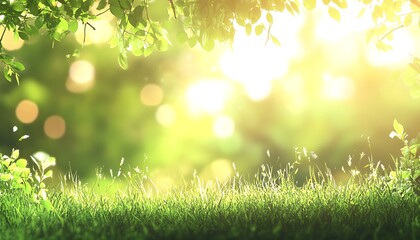 Obraz premium A close-up of grass with sunlight shining through, creating a blurred background. The grass is a vibrant green, and the sun creates big bokeh effects in the foreground.