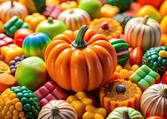 Spooky, colorful candies: pumpkin, autumn treats perfect for Halloween, deliciously sweet and photogenic.