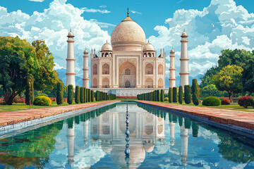 Fototapeta premium Flat vector illustration of the Taj Mahal in the morning with a colorful reflection in the water, soft vibrant colors on a light sky blue background
