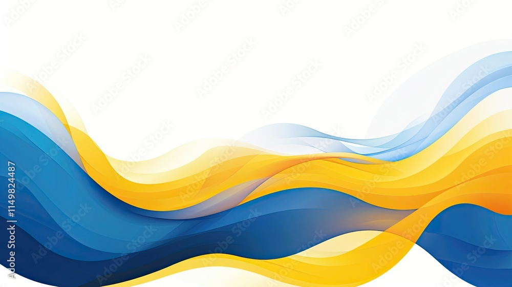 Poster abstract waves in blue and yellow tones create a fluid, dynamic background.