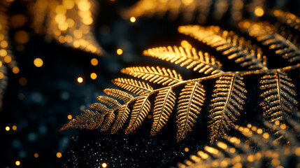 Golden fern leaves on black background, postcard template