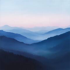 Fototapeta premium Soft hues of dawn unfold over rolling mountain ranges in serene tranquility. Generative AI