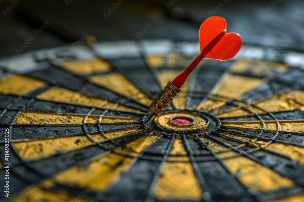 Poster red dart hitting the center of a used dartboard, showing precision and accuracy