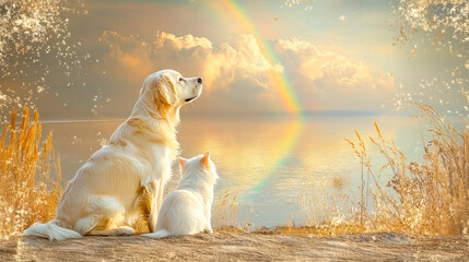 Cat, dog and rainbow - symbol of pets passing away