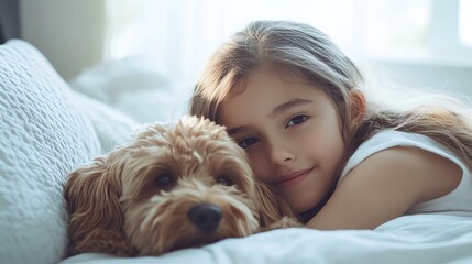 A young girl smiles at the camera as she lays on a bed with her dog.