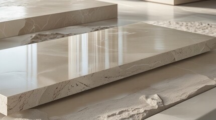 A polished ceramic stone with a glossy finish, smooth surface, and intricate texture, designed for modern architecture or interior design, soft neutral tones, generative ai