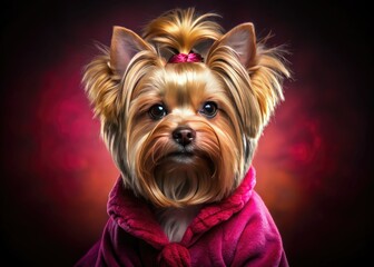 Naklejka premium Tiny Yorkie, bathed in warm light, poses adorably in pink against a maroon backdrop.