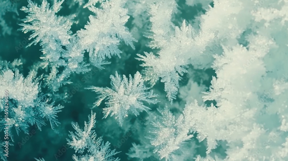 Poster intricate frost patterns on a teal surface.