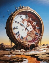 A large, surreal clock appears to melt into the desert floor, symbolizing the passage of time. The dry, cracked earth stretches into the distance under a warm, fading sky, evoking a dreamlike