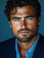 Obraz premium Close-up portrait of a handsome man with intense blue eyes and a well-groomed beard, wearing a suit jacket.
