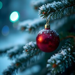 Close-Up of Red Bauble Hanging from Snow-Covered Christmas Tree Branch with Blue Winter Background Lights