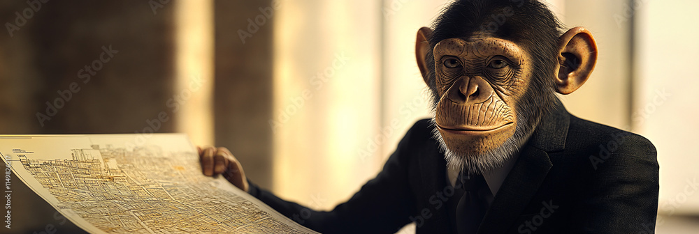 Poster a monkey contemplating a city map, dressed in a sharp suit, with abstract lines and shapes symbolizi