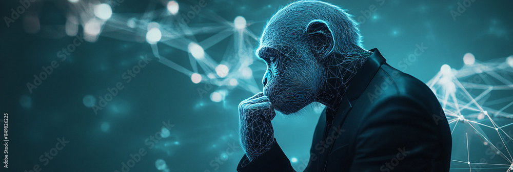 Poster a monkey contemplating a city map, dressed in a sharp suit, with abstract lines and shapes symbolizi