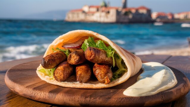 Grilled Chevapchichi with onions and herbs in a fluffy pita bread on a wooden plate. In the background is the old town by the sea.