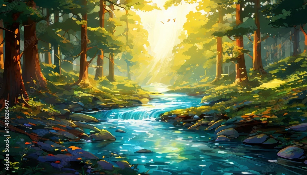 Poster a tranquil forest scene with sunlight filtering through the trees, illuminating a gentle stream. the