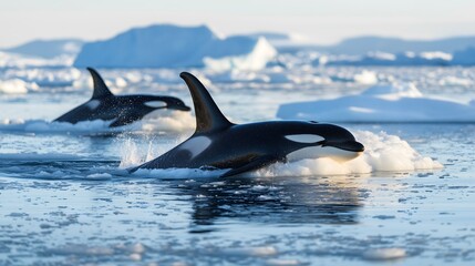 Orca Pod Breaking Through Arctic Sea Ice Panorama