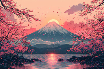 Flat illustration of the silhouette of Mount Fuji with cherry blossoms in the foreground, vector style, vibrant colors on a pale pink background.
