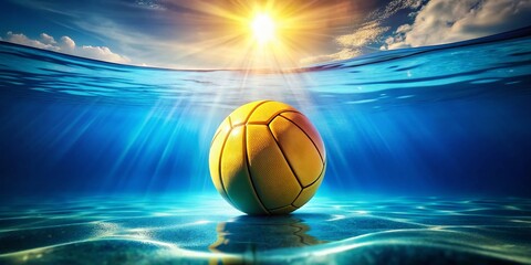 Obraz premium Underwater Water Polo Ball, Sunlight Rays, Aquatic Sport, Close-up