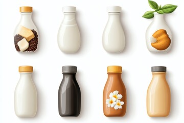 Eight different bottles with various drinks inside and on top of them.