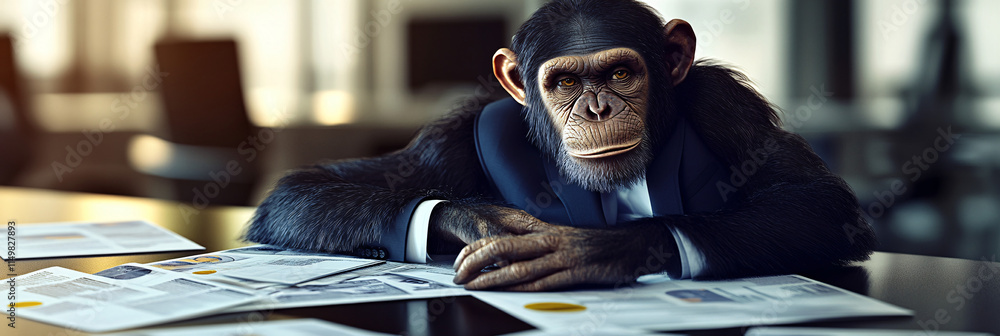 Poster a monkey in a business suit lounging atop financial reports, with dynamic abstract shapes around it 