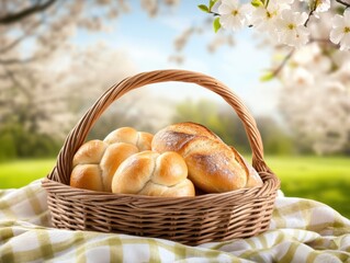 Freshly baked bread rolls in a wicker basket placed outdoors on a checkered cloth. Blossoming trees and a sunny spring garden create a serene and inviting background, AI