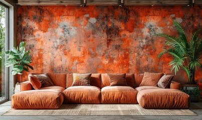 Warm terracotta tones create a cozy sanctuary with a stylish sofa and rustic decor