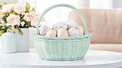 Pastel green wicker basket filled with natural and speckled eggs on a white table indoors, AI