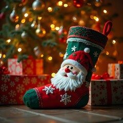 Festive Christmas Stocking with Santa Claus Design Hanging by the Fireplace and Christmas Tree Decorated with Lights and Gifts for Holiday Celebration