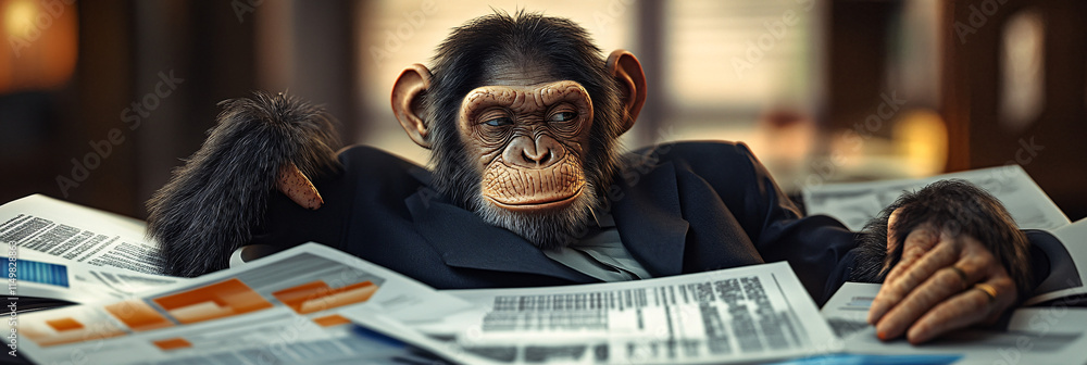 Poster a monkey in a business suit lounging atop financial reports, with dynamic abstract shapes around it 