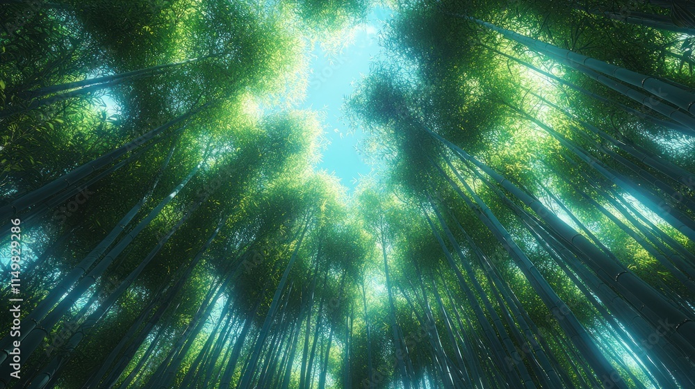 Poster low-angle view of a dense bamboo forest with sunlight filtering through the canopy.