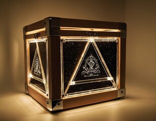 Illuminated artistic cube with intricate design, emanating a mystical ambiance in warm lighting.