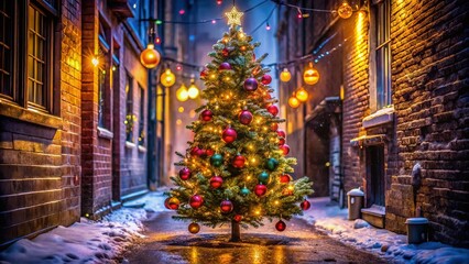 Urban Christmas Tree: Festive Holiday Decoration in City Alleyway