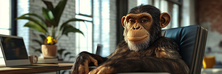 A monkey lounging in a sleek office, with swirling colors that embody creativity, independence, and the hustle of corporate life.  
