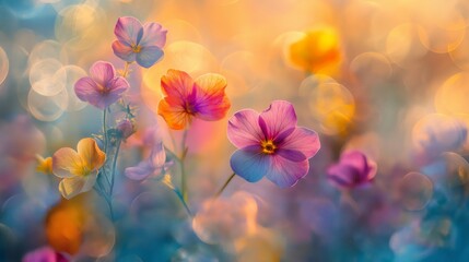 Vibrant wildflowers blooming under a colorful sunset sky in springtime