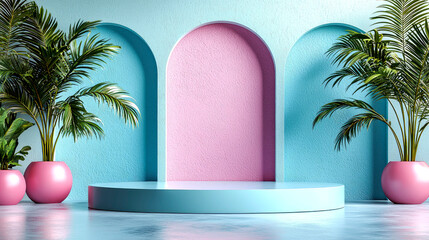 Pastel blue and pink arched wall with platform and tropical plants.