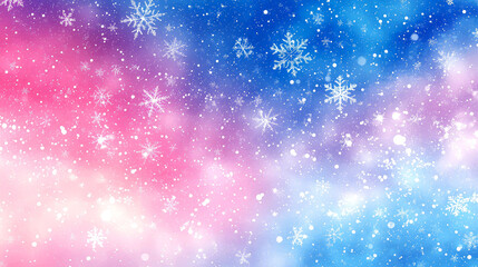 Obraz premium Pink, blue, and white winter background with snowflakes.