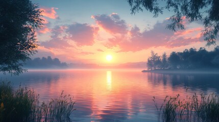 Obraz premium Serene sunset over misty lake, trees.